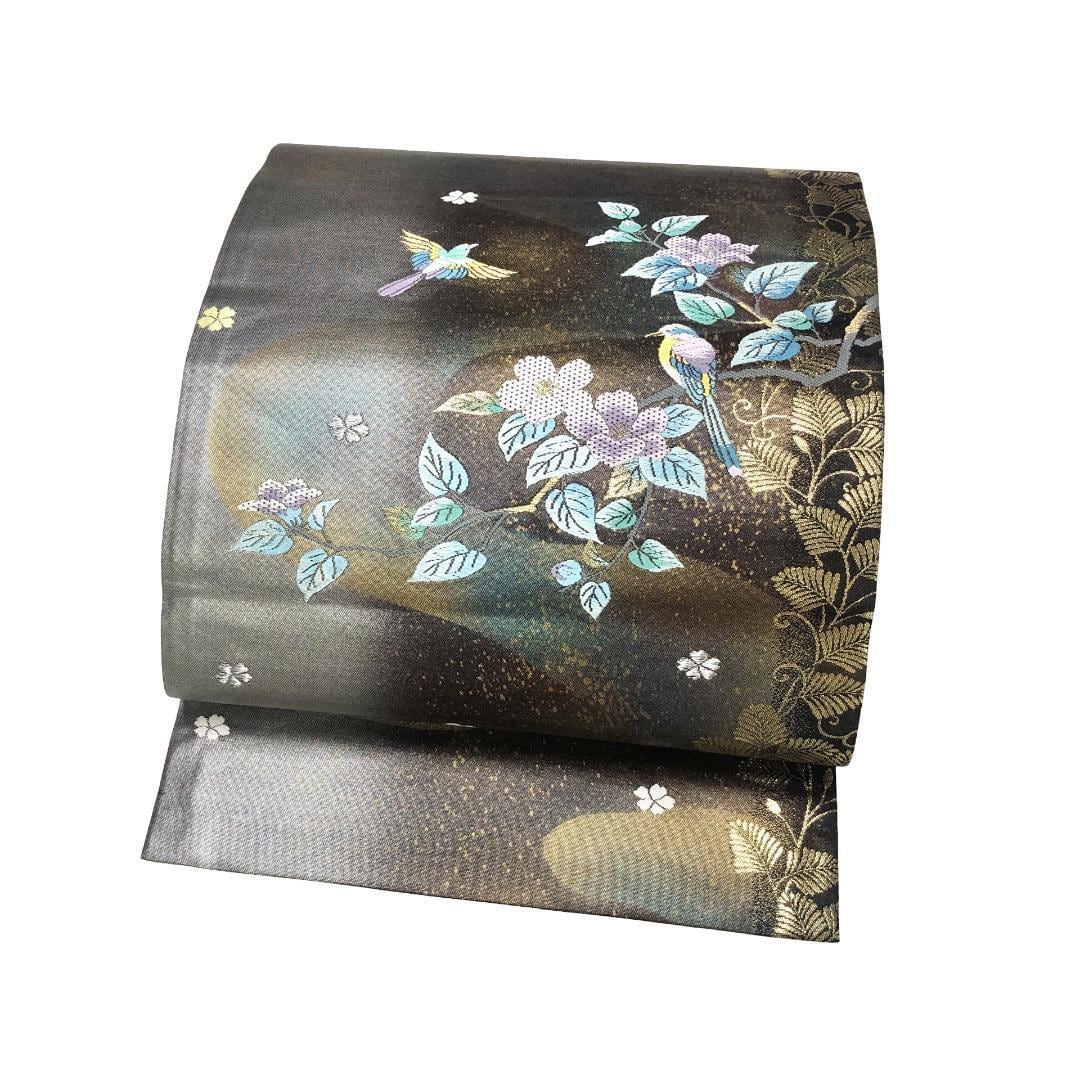 袋帯 花ひとえ 花葉模様に鳥 金銀糸 憲房色 O-5476 袋帯 花ひとえ 花葉模様に鳥 金銀糸 憲房色 O-5476 着物 きもの