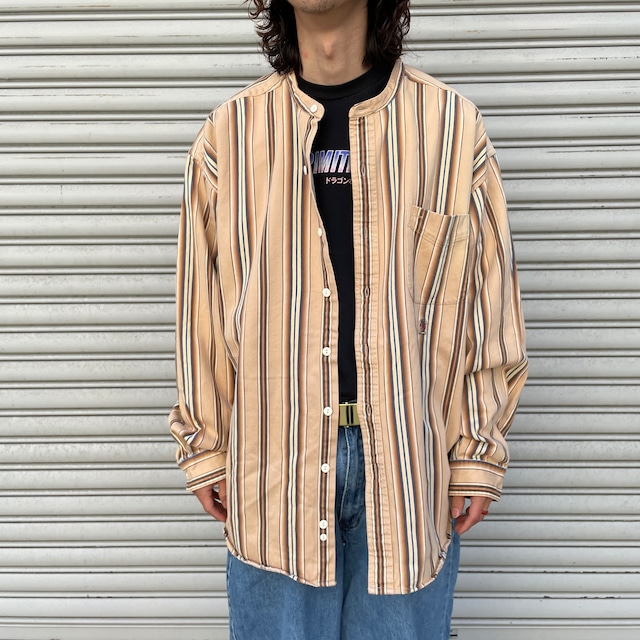 『送料無料』90s Tommyhilfiger ノーカラーマルチストライプシャツ　XL