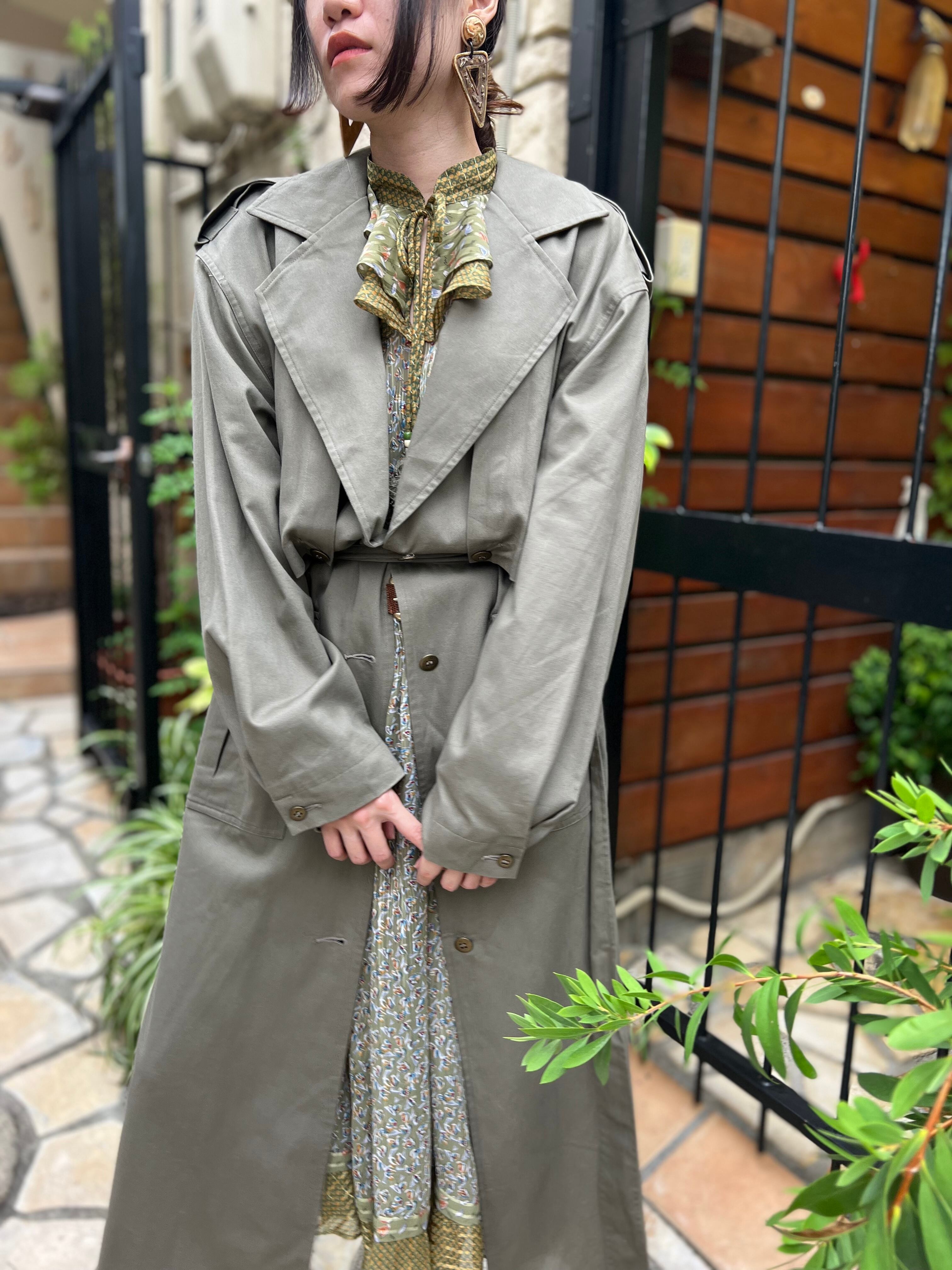 Vintage khaki grey × leather design trench coat ( ヴィンテージ