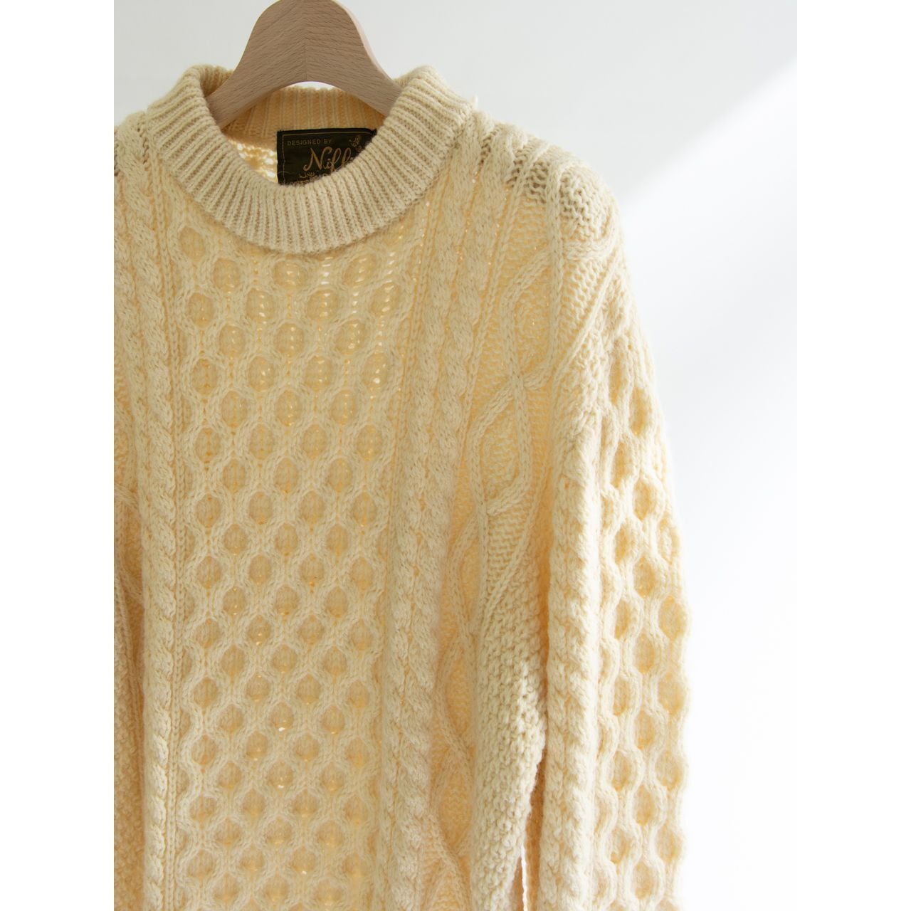 【Niffi】Made in England 100% wool Aran sweater(ニッフィ 英国製 ウールアランセーター クルーネックケーブルニット)12a
