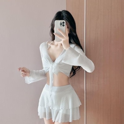 純白ライラック結び水着スリーピースビーチスパ水着レディースワンピースドレス水着2025新春秋冬スパホリデー水着