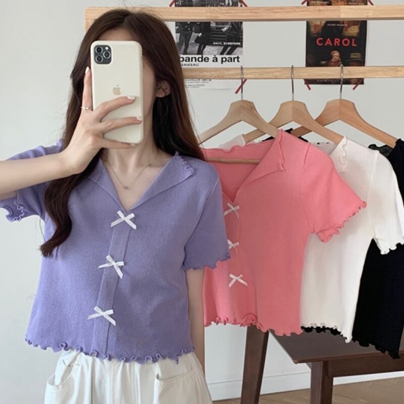 VネックTシャツ レディースサマーソリッド カラーカジュアルニットセーター トップス 夏物 ソリッドカラー YY-ファッション40937290318