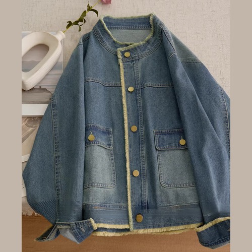 フリンジ ノーカラー デニム ジャケット 00074 画像