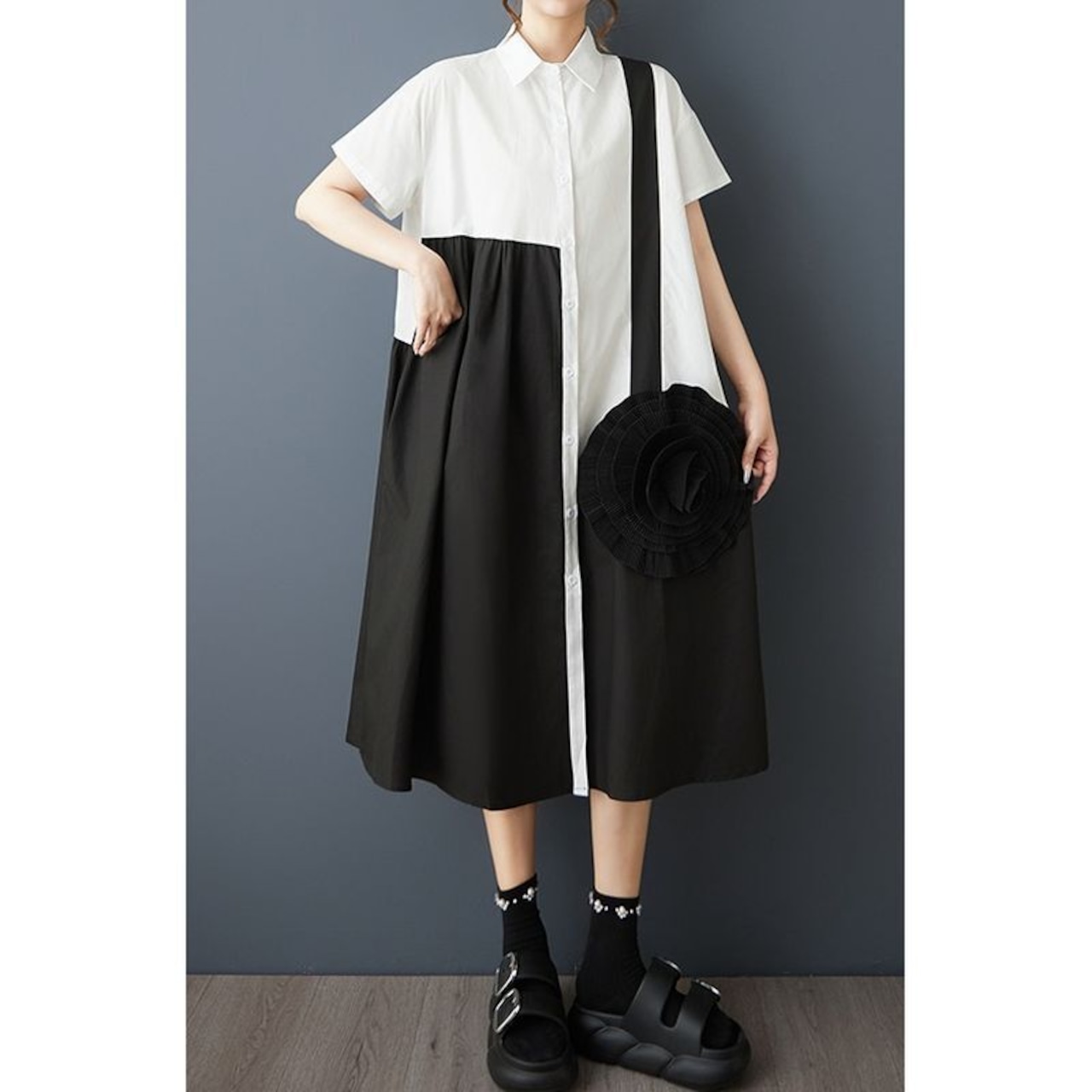 カラーブロック 花モチーフ ワンピース 30198