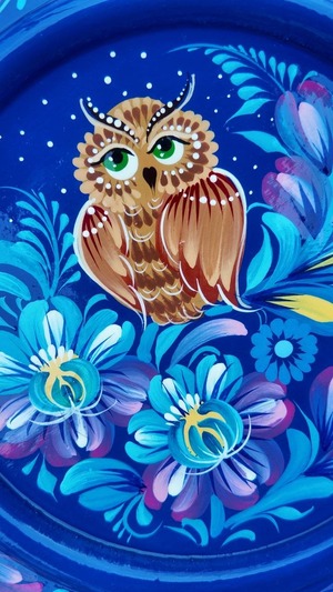 ペトリキウカ塗りのプレート　梟 （ティモシェンコ作）16cm