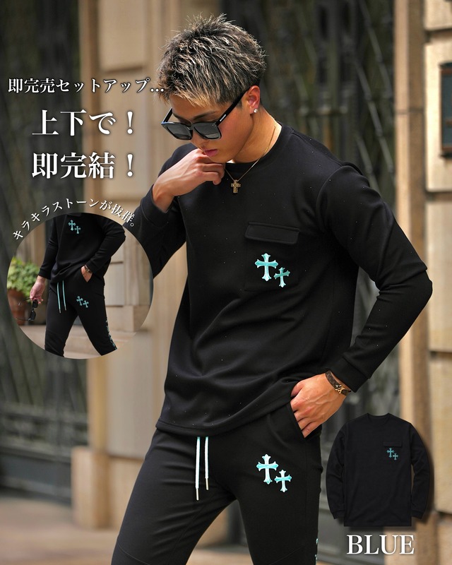 RHINE STONE CROSS SHIRT BLUE【OW25BD008】