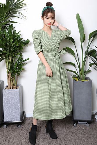 カシュクール リボン 半袖 ミモレ丈 ワンピース チェック柄 Vネック カシュクール 半袖 ミモレ丈 ワンピース