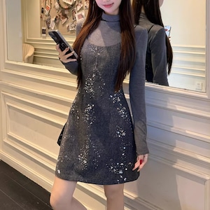 【2点セット】ハイネックトップス+スパンコールストラップミニワンピ ・75110 【2点セット】ハイネックトップス+スパンコールストラップミニワンピ ・75110