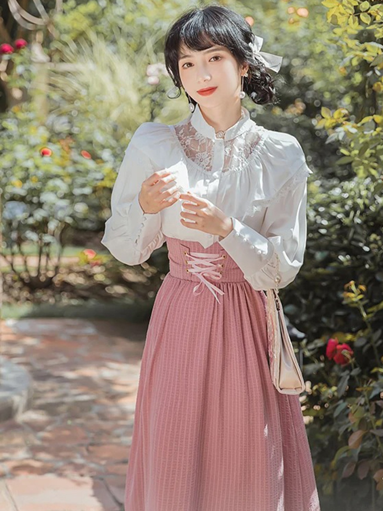 【0209】Retro Girly Pink Long Sleeve 2 Piece Set