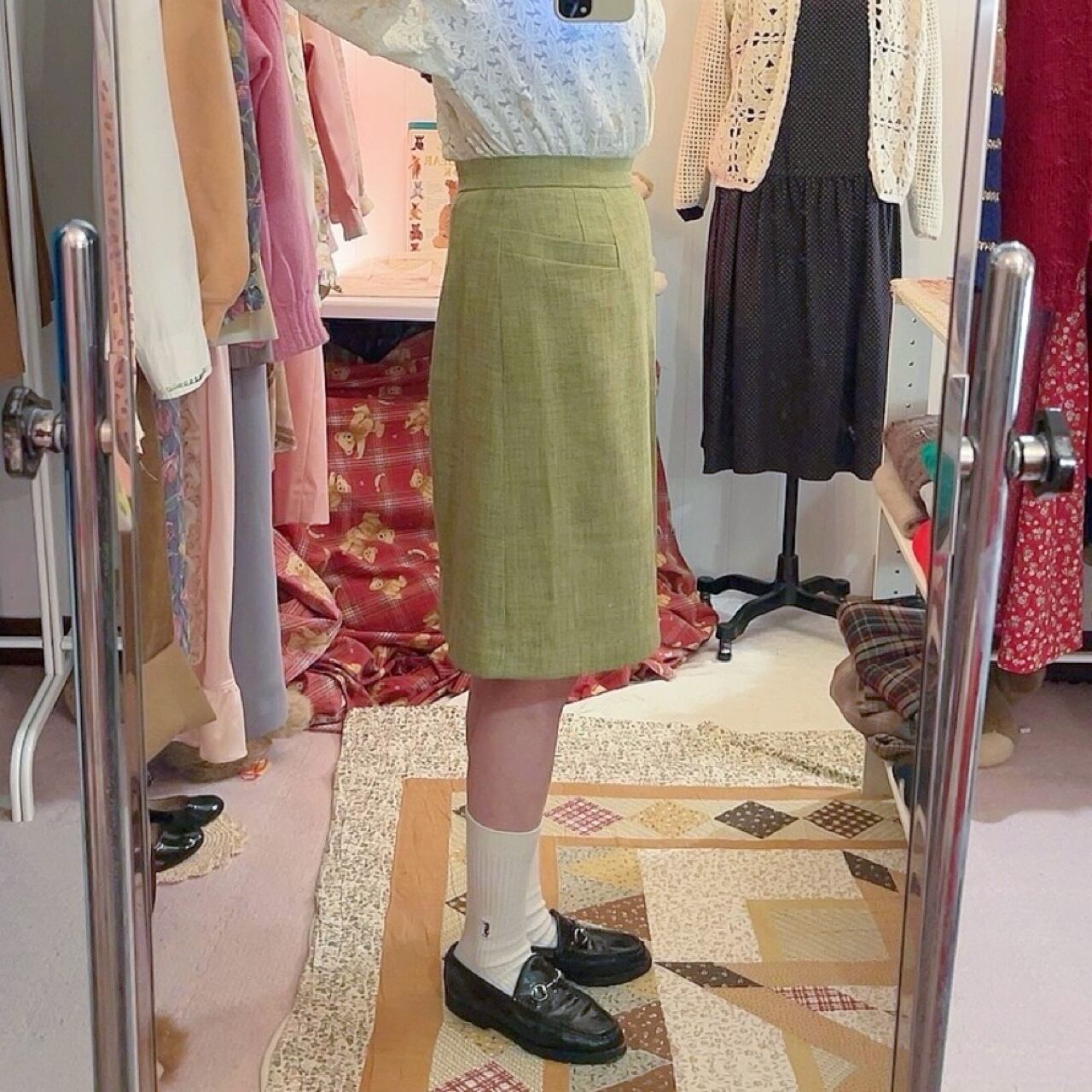 moss green tuck skirt