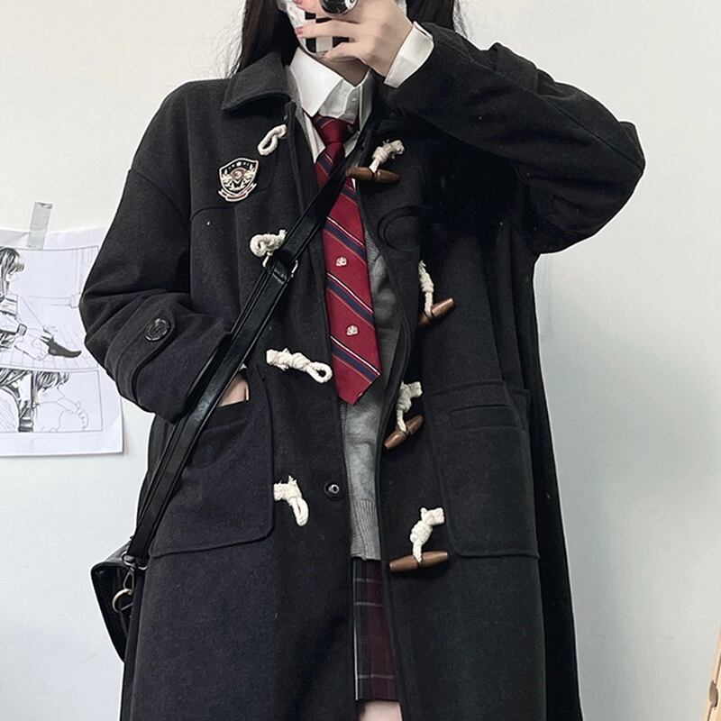 コート カレッジスタイル ホーンボタン 徽章 ワッペン ウール 可愛い