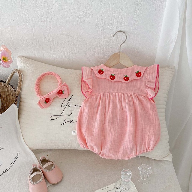 【BABY】いちご刺繍フリル袖ダブルガーゼロンパース - 6