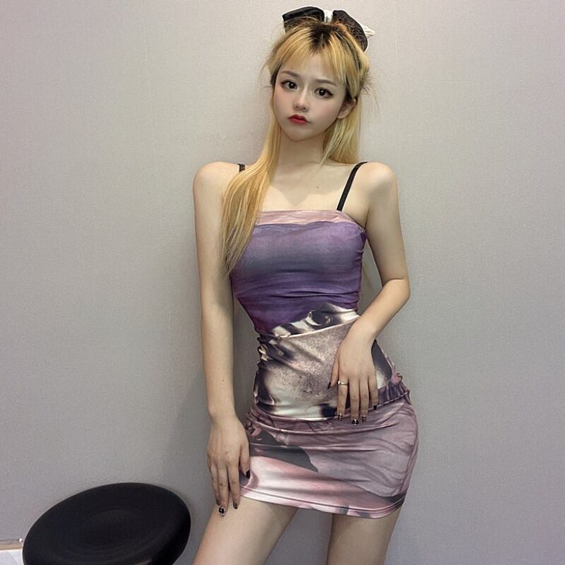 スタンダードプリント柄スカート サマースリムドレス レトロ 夏物 ステッチ ハンチェンe97883008002