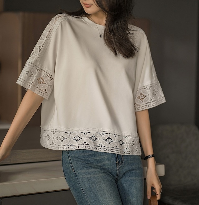 レース切替半袖Tシャツ W01287
