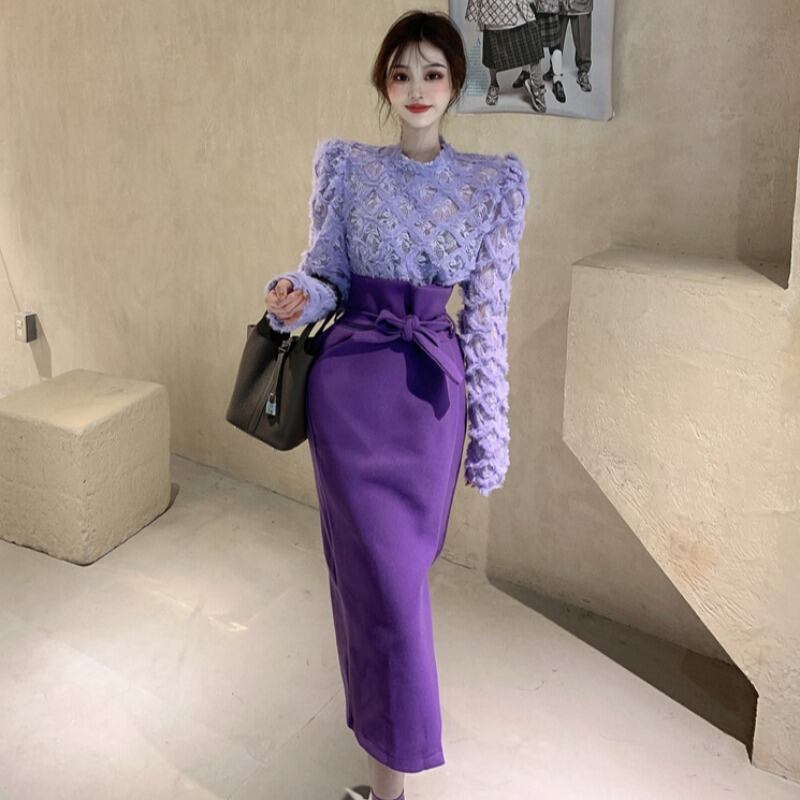 オータムウィンタージャカードトップス レーススカート レディース 秋物 冬物 YY-ファッション27393996219