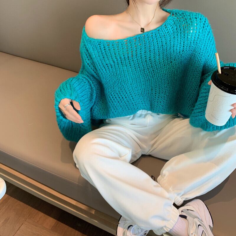 オータムスタンダードルーズニットセーター 薄手カジュアルトップス ロング レトロ 秋物 ガールズファッション11120298533