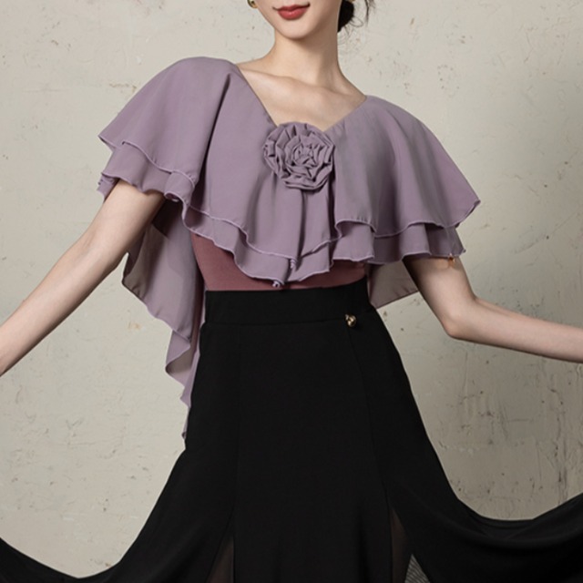 Vネック ローズモチーフ ケープ シフォン レオタード トップス 3col　D00431