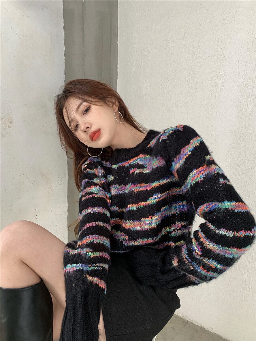 セーター ジャケット スタンダードルーズハイウェストウェストショートストライプオータムウィンタートップス レトロ 秋物 冬物 ブラックストロベリース36305920946