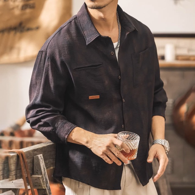 Linen texture double pocket vintage shirt ( 5color )