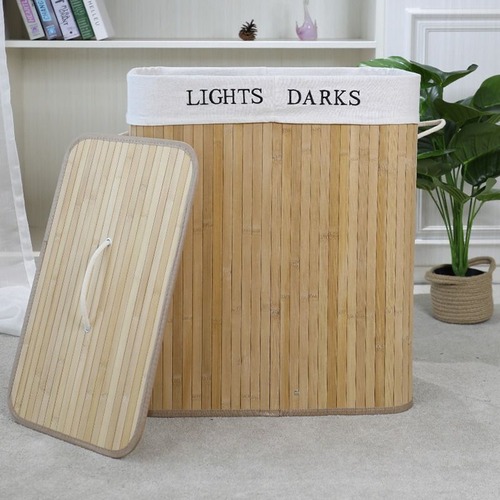 ランドリー収納バスケット 竹編み 洗濯カゴ フタ付き 取っ手付き