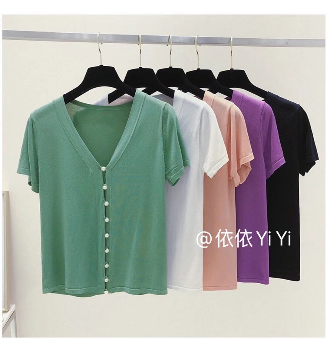 パールボタン Vネック5部袖カーディガン AJ111-211