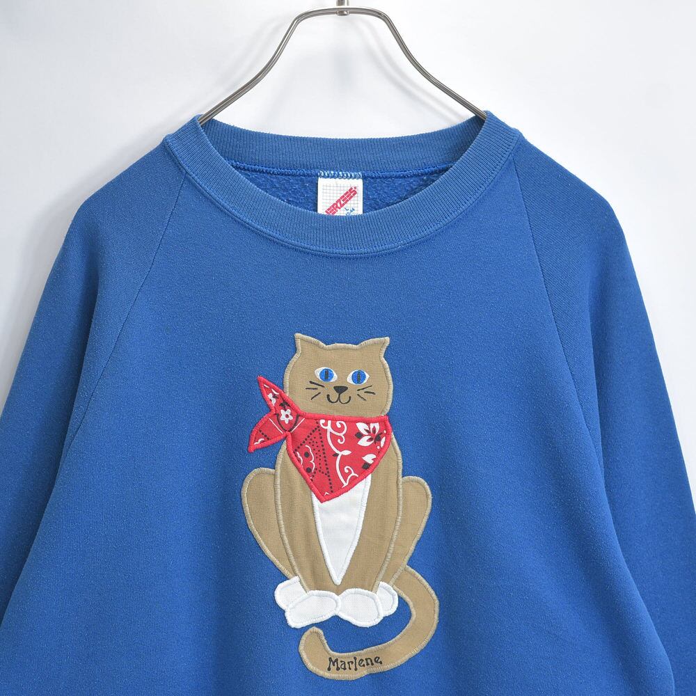 90s USA製 JERZEES ジャージーズ 猫 キャット アップリケ 刺繍