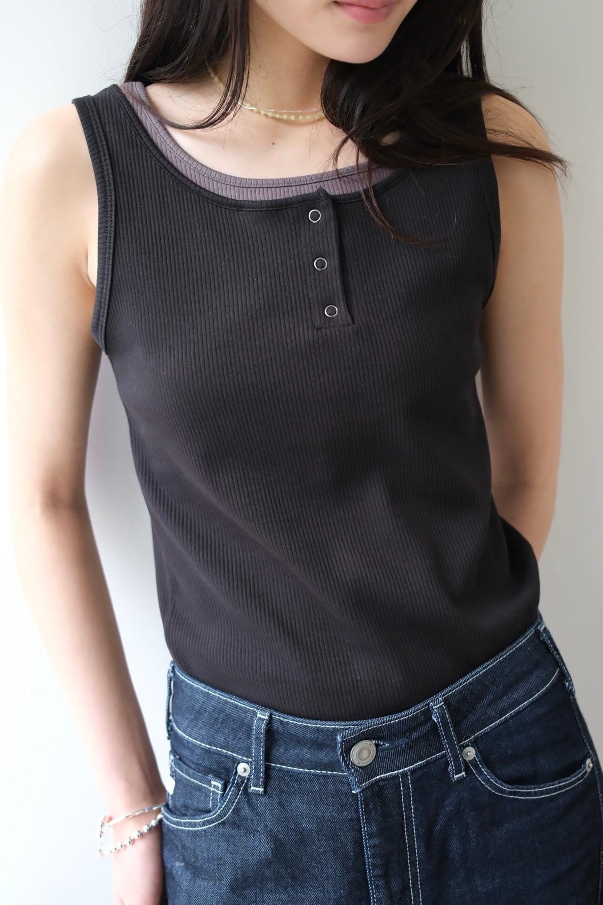 Layered look rib tank top レイヤードルックリブタンクトップ Black