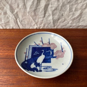 鶴と梅の印判小皿 (A)