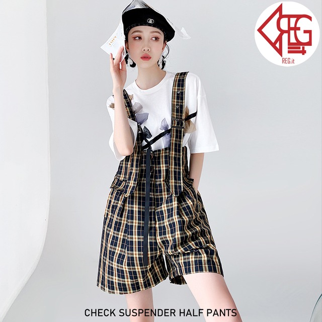 【REGIT】CHECK SUSPENDER HALF PANTS S/S 韓国ファッション ボトム サスペンダーパンツ オーバーオール ハーフパンツ 短パン ショーパン チェック柄 個性的 10代 20代 着回し 着映え ネット通販 BHC004