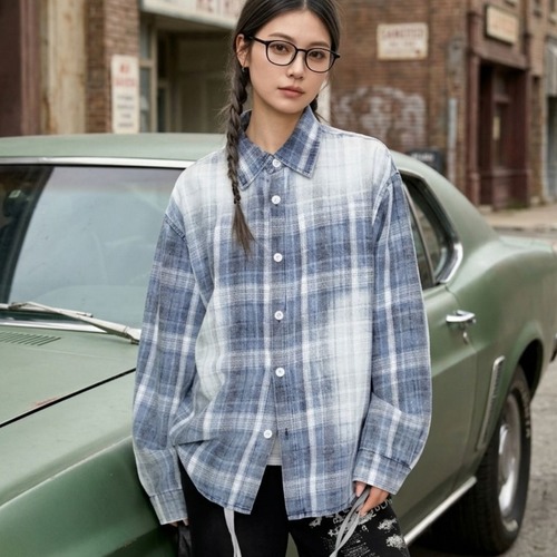 フェードグラデーションルーズシルエットチェックシャツ 1col R02652