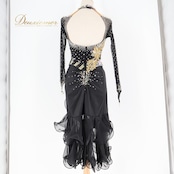 社交ダンス 衣装 ラテン ドレス ワンピース 黒 ゴールド 金 フリル レース 高級感 パーティ 発表会 デモ 競技 ダンス 上品 ブラック系 ゴールド系 おしゃれ フリル袖 輝き コンペティション エレガント