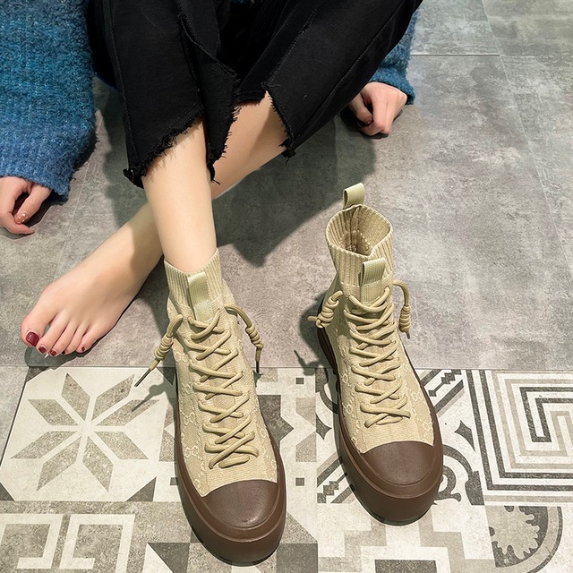 ショートブーツオータムニット薄手 レース 靴 シューズ 秋物 レースアップ 部族の婦人靴34419966580