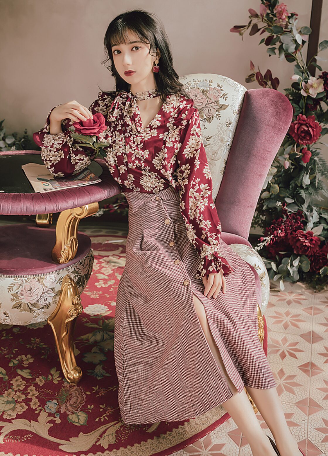 ♥♡♥ 花柄シャツブラウス＋りぼんチェック柄スカート レトロ 
