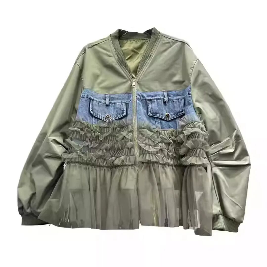 Women's Zipper Denim & Mesh Patchwork Baseball Jacket with Large Pockets(CF019)