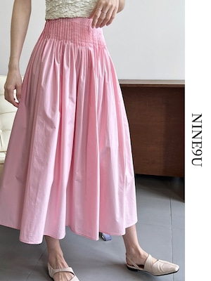 fluffily waist-pleats flare long-skirt 3color【NINE7536】