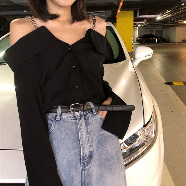 ブラウス オフショルダー 長袖 チェーンの肩紐 Vネック 背中見せ カジュアル ブラック お出かけ 春秋 Paprika