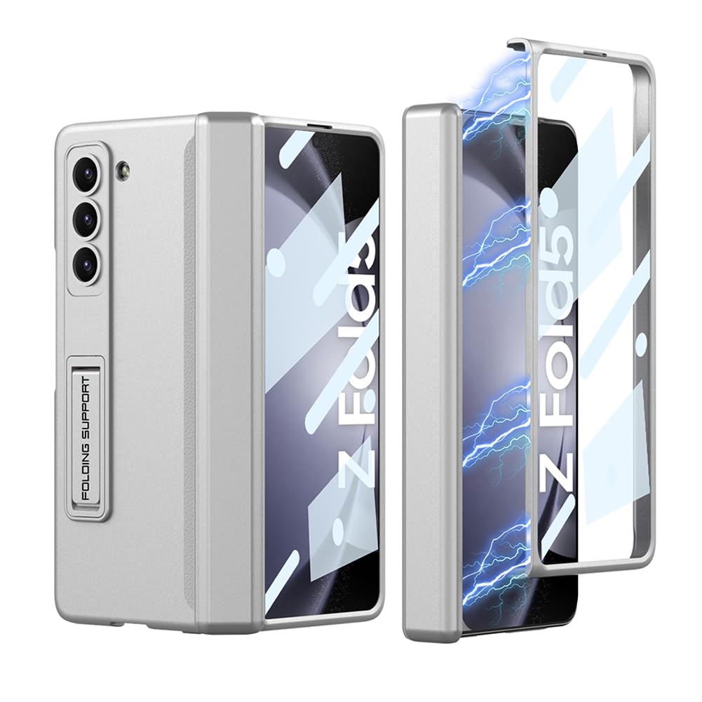 Galaxy Z Fold5 用 ケース スタンド機能 ガラスフィルム付き マグネットヒンジカバー Uovon カメラレンズ保護 薄型・シルバー