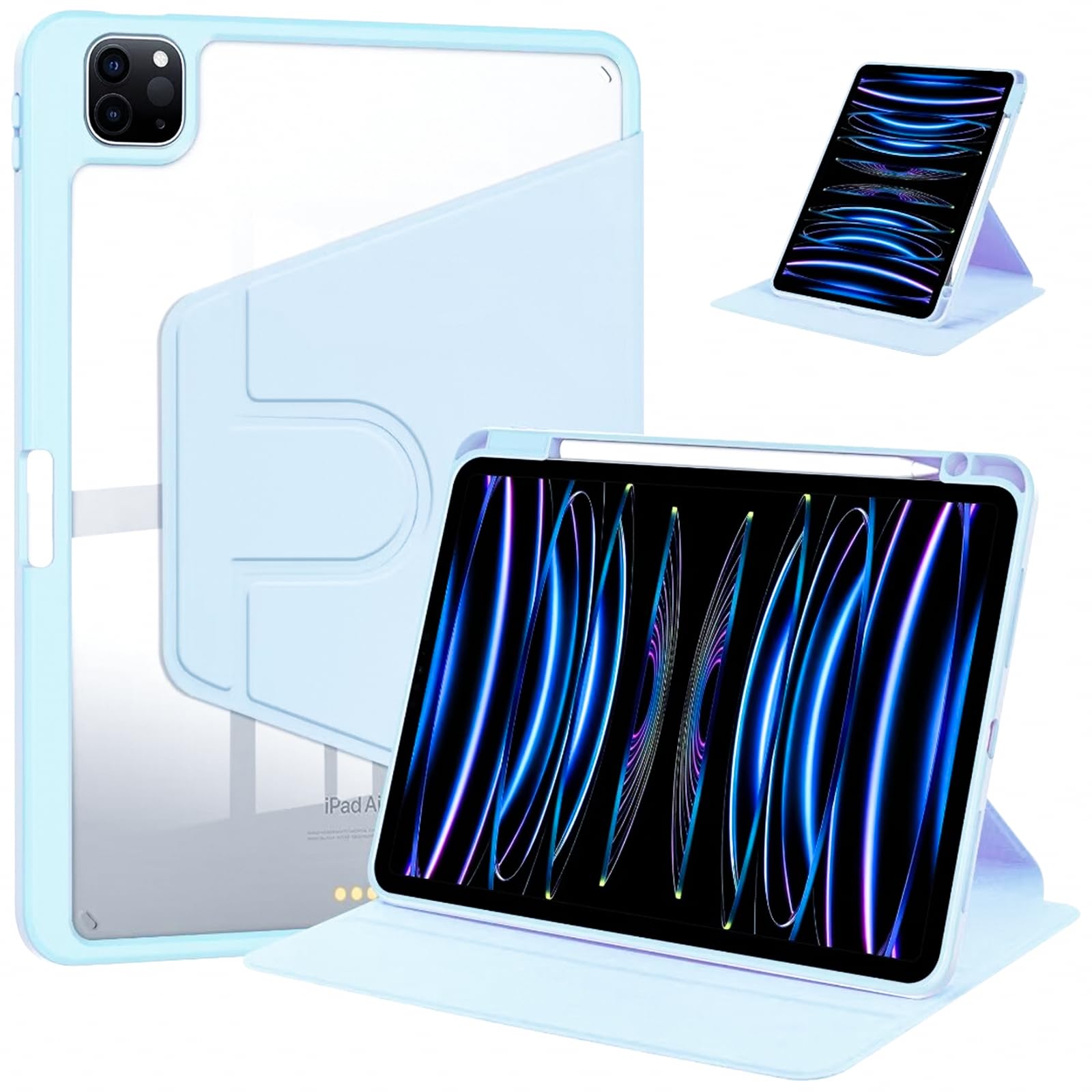 【努力特価】For iPad Pro 10.5 インチ ケース 2017 iPad Air 3 第3世代(2019) Pro 10.5(2017) 用10.5インチ ケース CNEVISON 360度回転式 スタンド オートスリープ機能付き マグネット吸着式 軽量カバー クリア 背面透明バック ペン収納 調節可能 耐衝撃 手帳型 アイパッド カバー 軽量 薄型 保護ケース (スカイブルー)