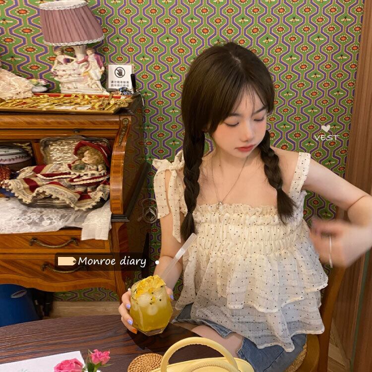 水玉サマーカラー薄手トップス 大人ガーリー スウィート キュート カジュアル 夏物 ピュア スクウェア モンロー12642625660