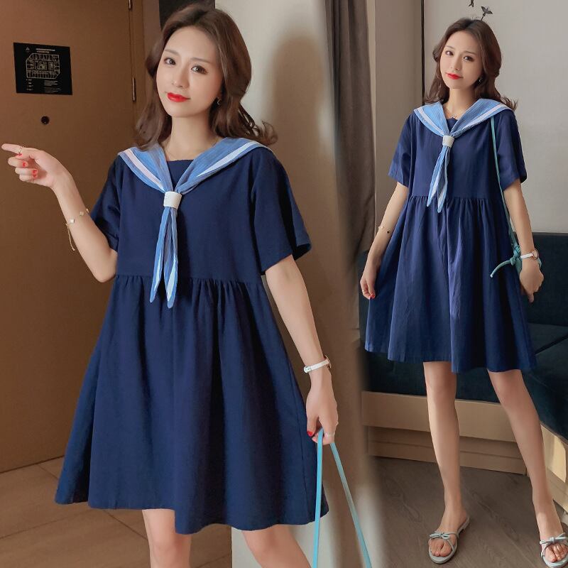 【新作】【送料無料】 マタニティウェア2020夏の新しい綿とリネンのステッチネイビーカラールーズドレスバージョンの年齢を減らすマタニティドレス-アリババ コットン サマー 夏物 expec236516458713
