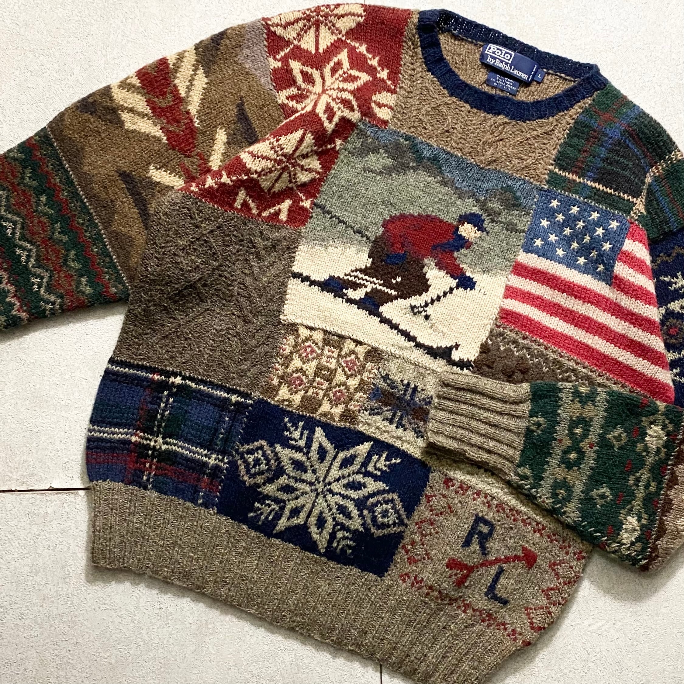 vintage POLO by RALPH LAUREN patchwork pattern hand knit sweater 