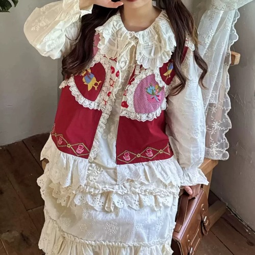 花柄パッチワークフリルレースベスト ・12449