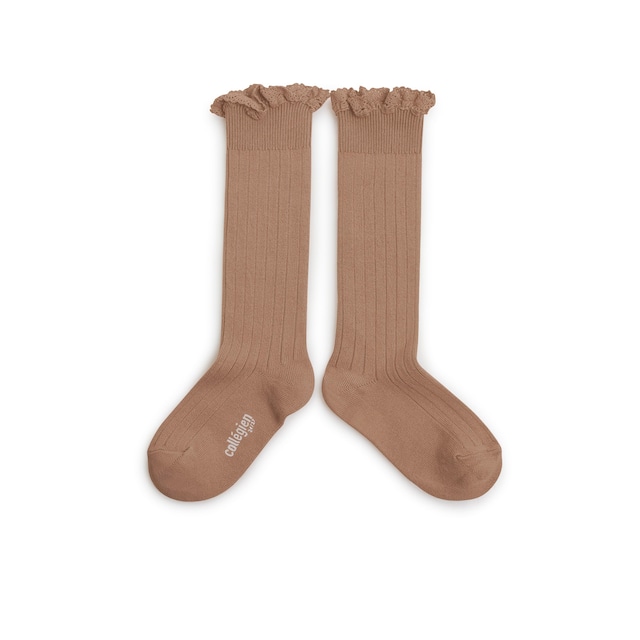 Collegien/Joséphine Lace-Trim Ribbed Knee-high Socks - Petite Taupe