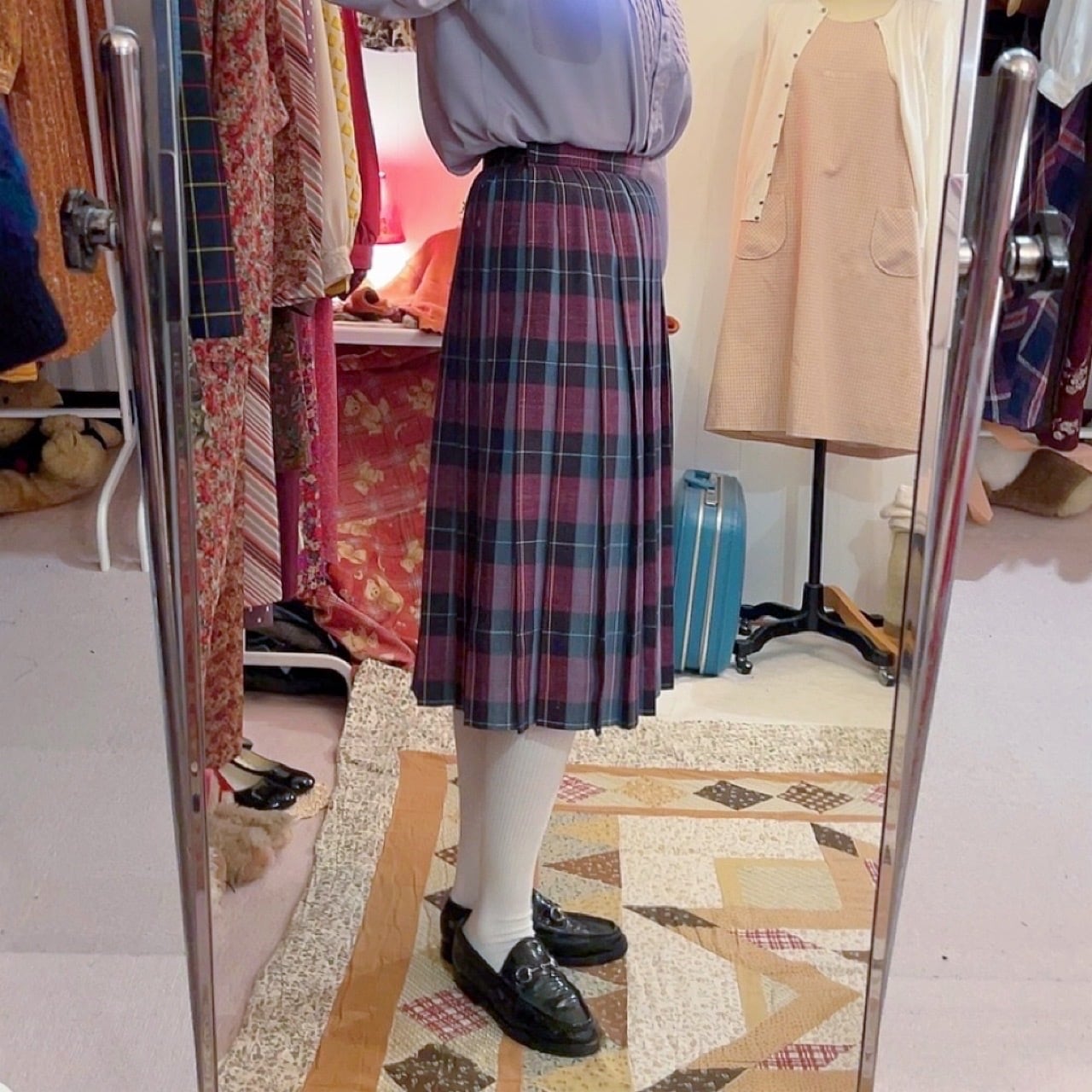 pink green check pleats skirt