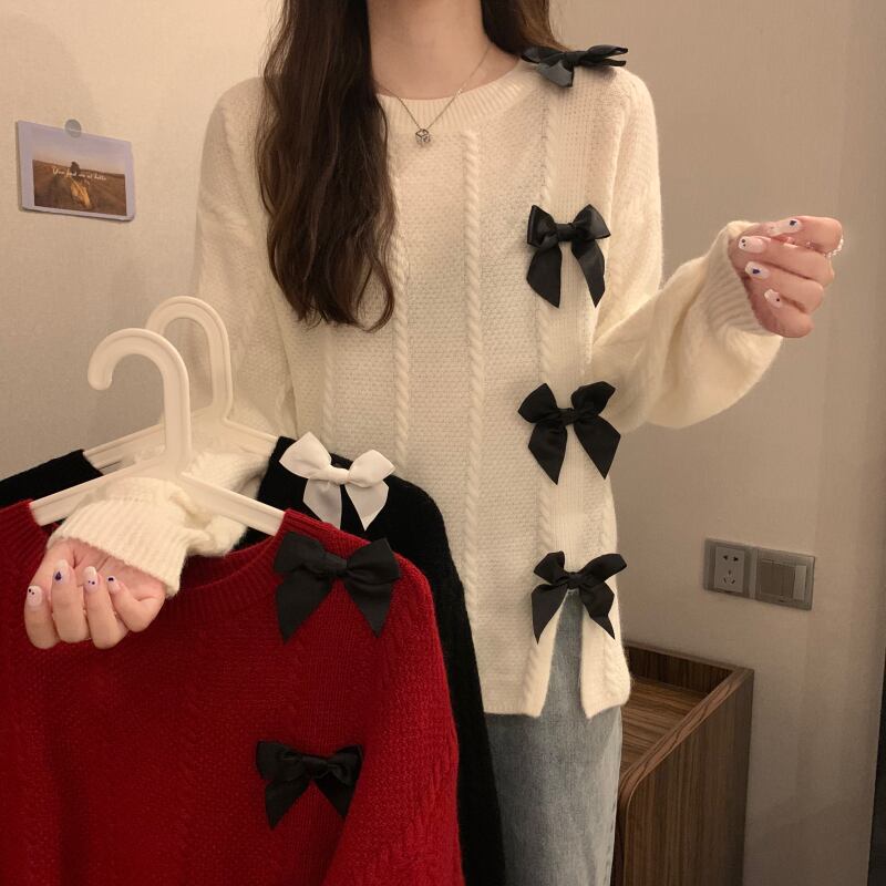 セーター ルーズレディースオータムウィンターリボン ロング 大人ガーリー スウィート キュート カジュアル 秋物 冬物 1号婦人63443528771