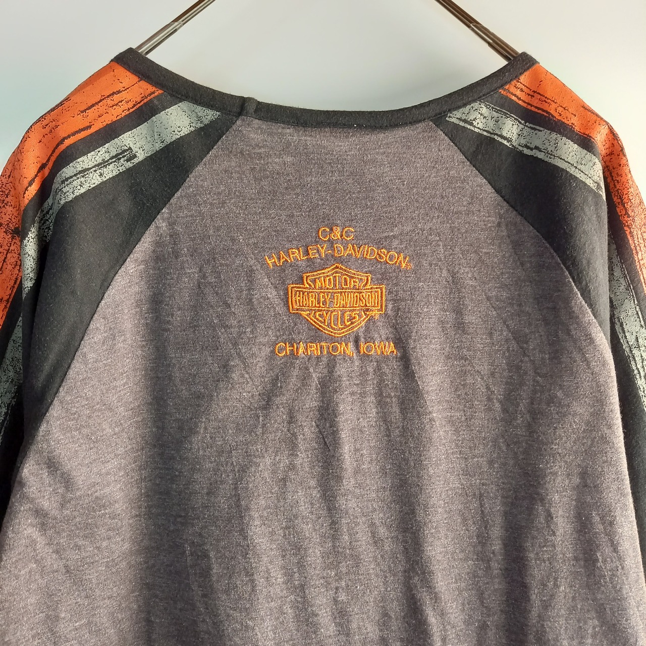 ハーレーダビットソン　Vネック　ラグランTシャツ　刺繍　ビッグロゴ　M