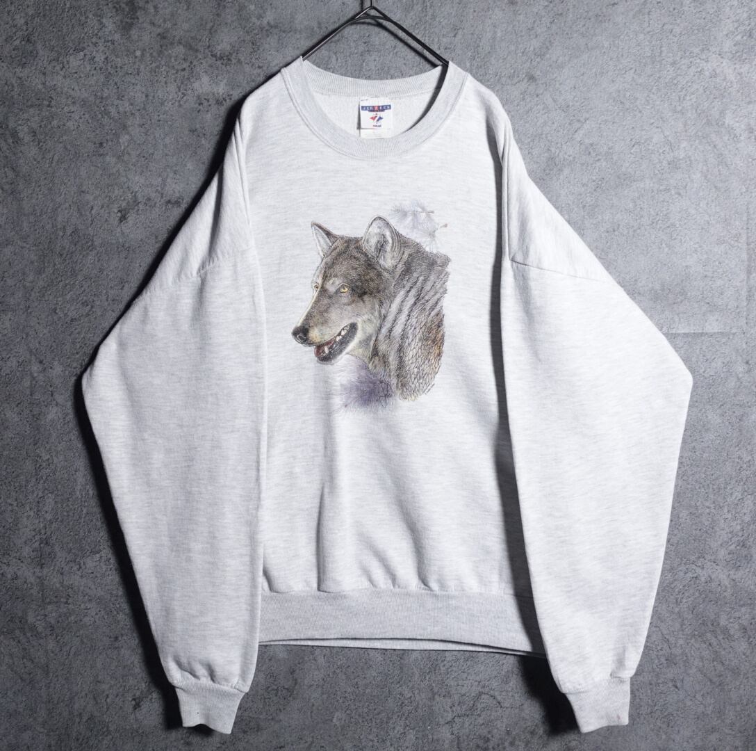 90s"JERZEES" light gray wolf animal print sweat