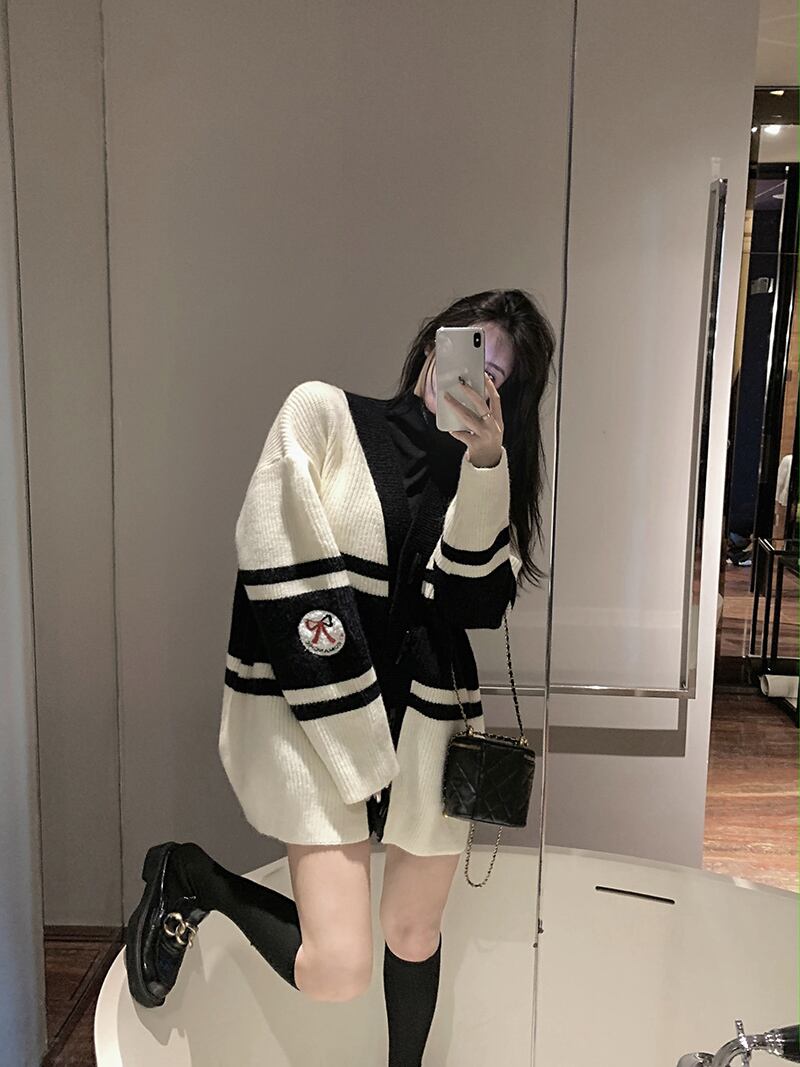 スタイルストライプニットセーター カーディガンジャケット オータムウィンターシャツ 秋物 冬物 ブラックストロベリース6748082155