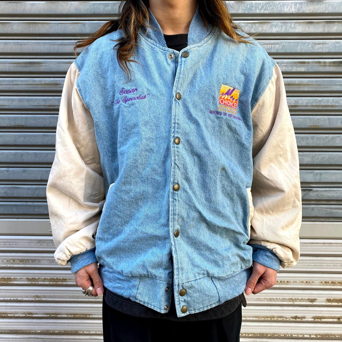 USA製 企業ロゴ刺繍 デニムスタジャン メンズXL相当 古着 フリース 