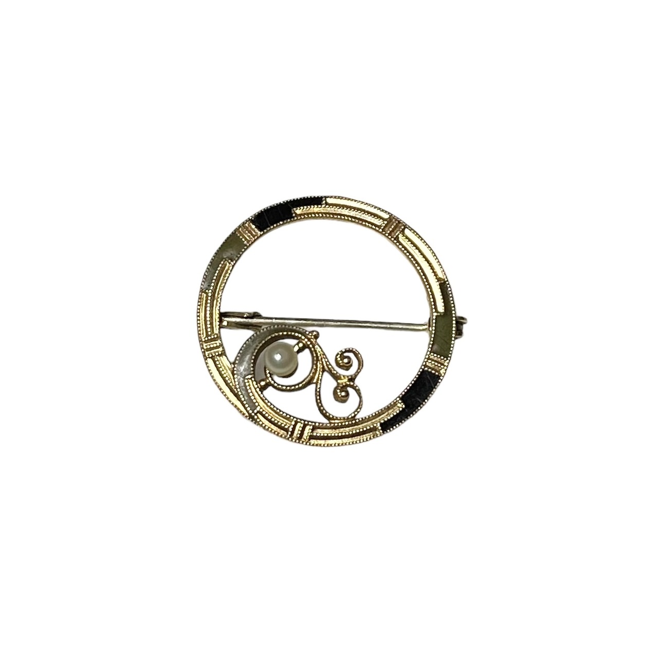 antique metal pearl brooch with enamel